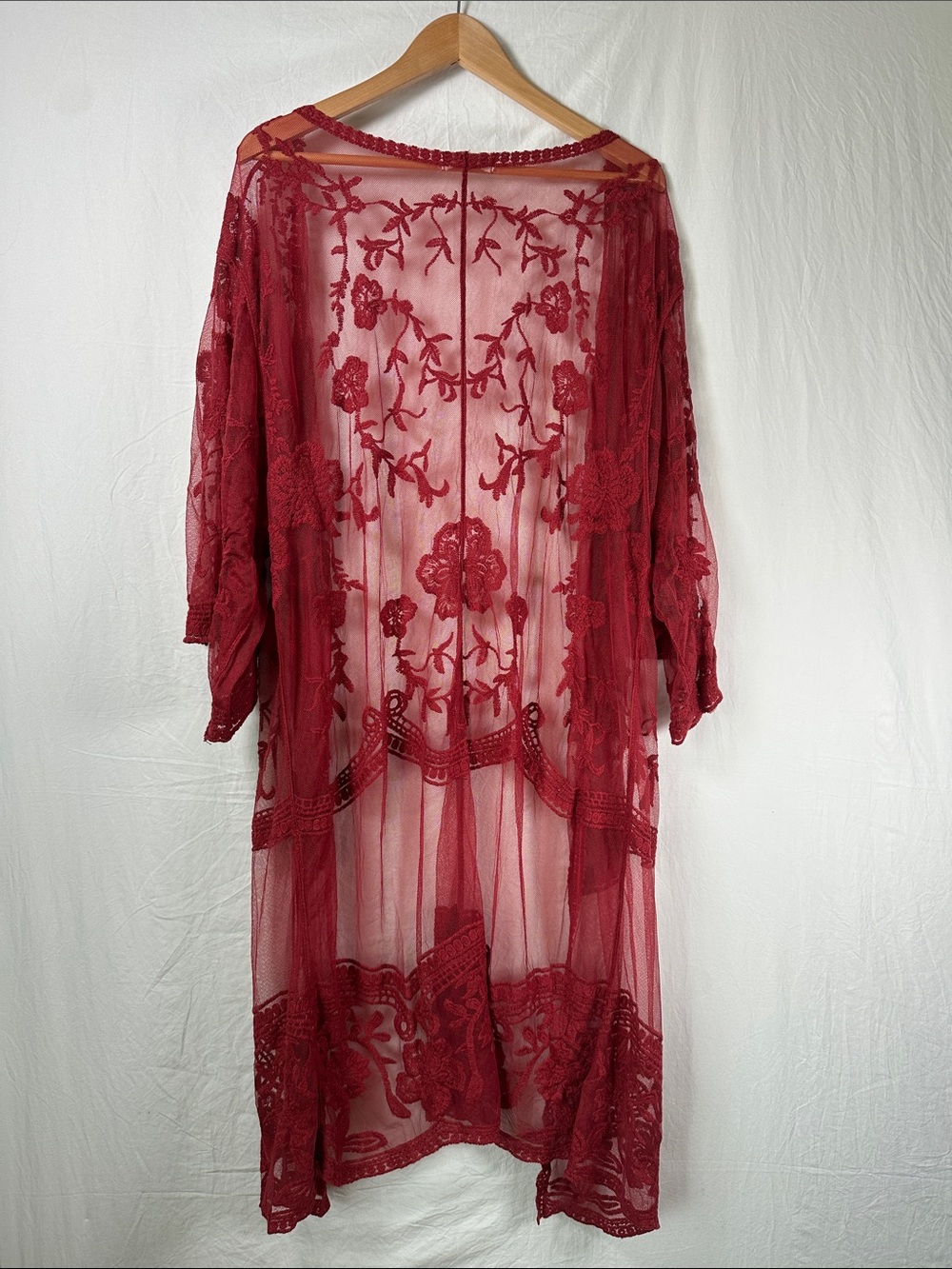 Adiva Deep Red Sheer Floral Embroidered Robe - Picture 3 of 3